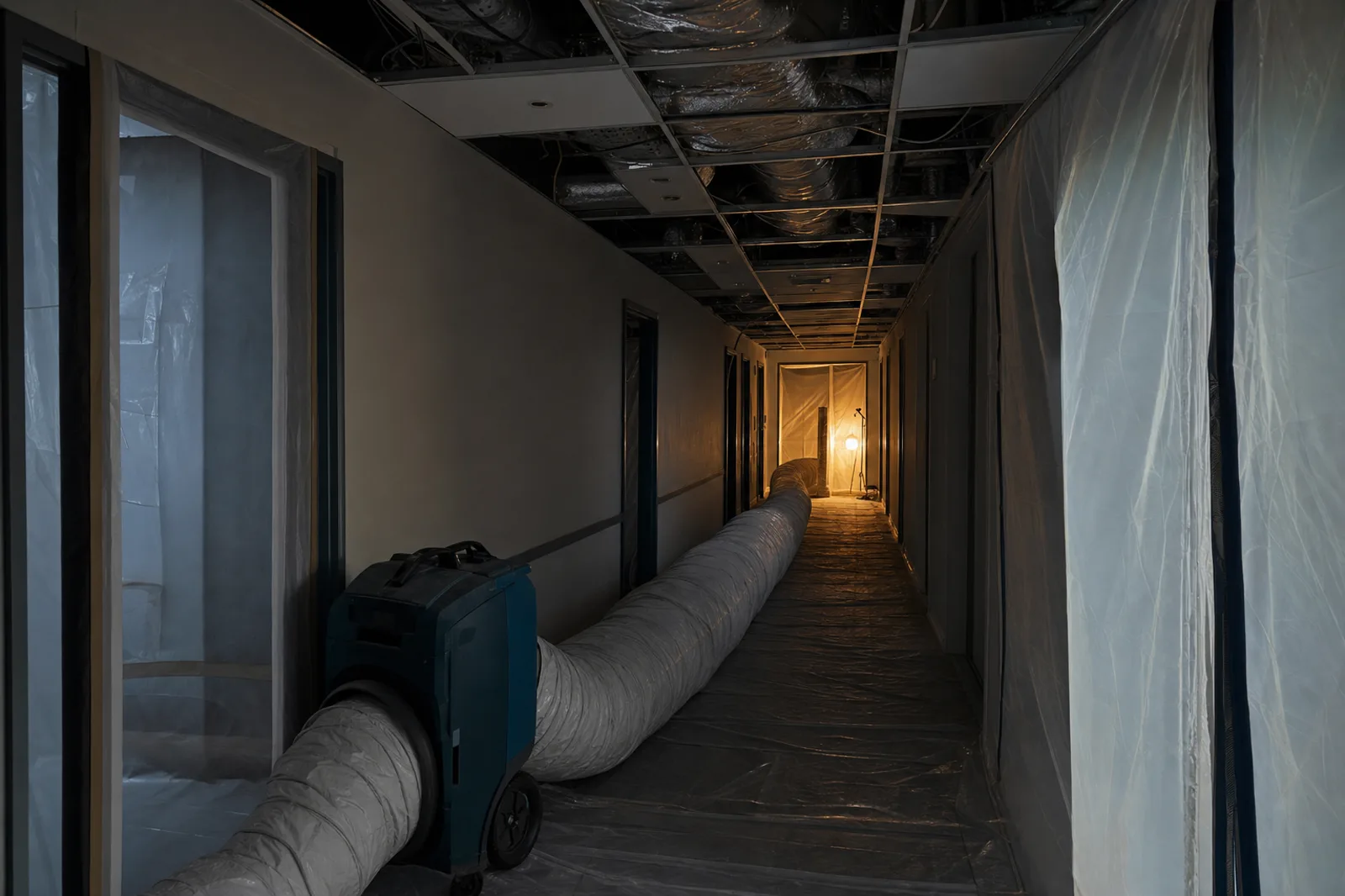 A hotel corridor mid-restoration with containment sheeting, exposed HVAC ductwork above removed ceiling tiles, and lay-flat duct running the length of the hall