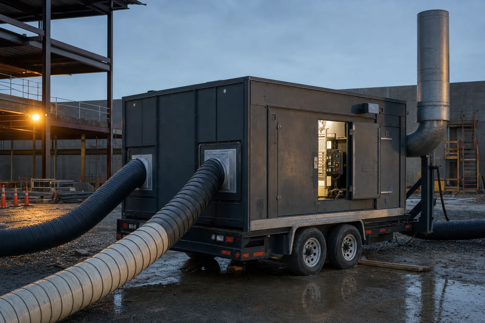 A diesel-fired desiccant dehumidification trailer on a commercial jobsite at dusk with process and reactivation ducts connected and wet exhaust routed outside