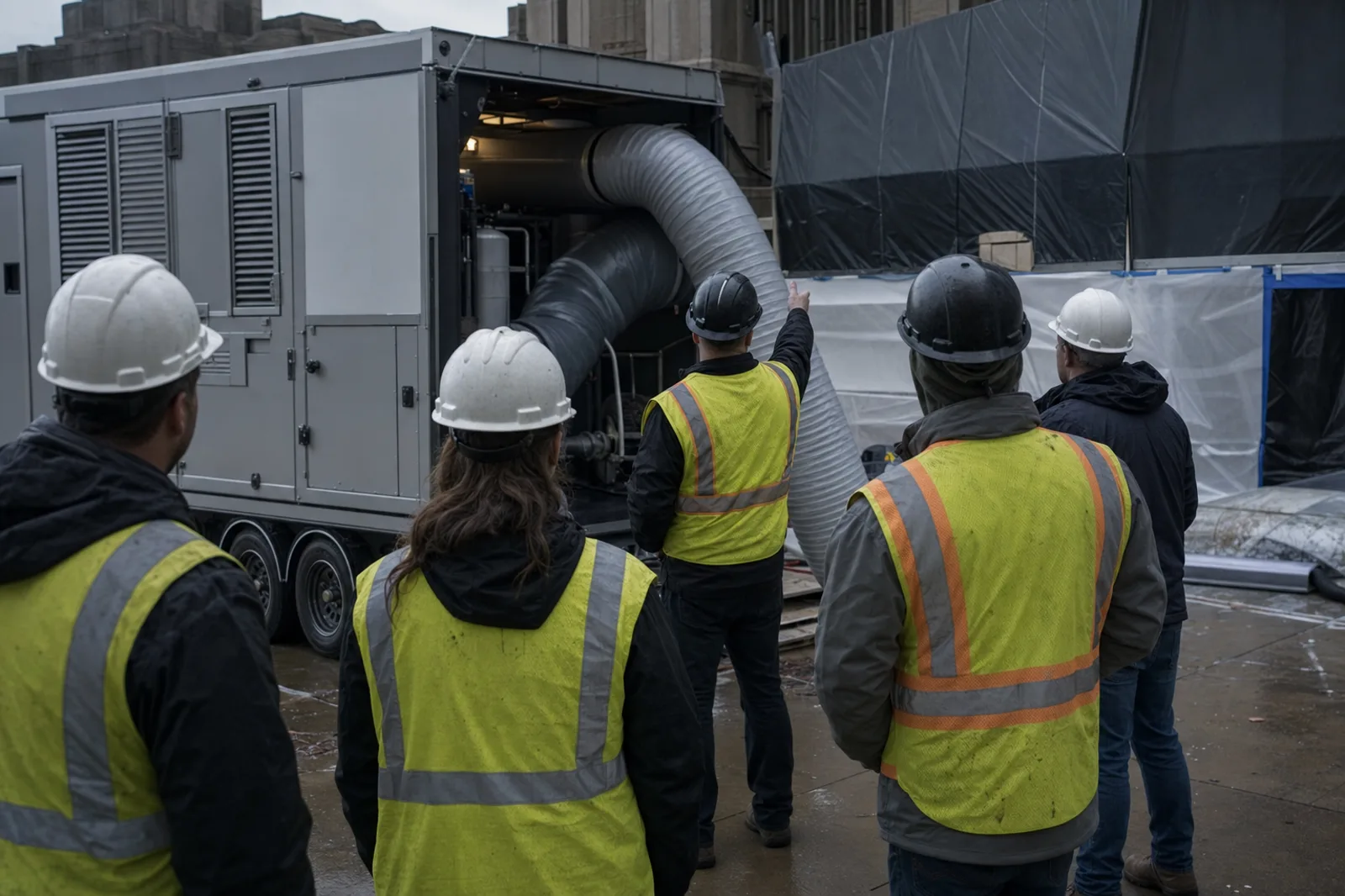 Restoration contractors in hard hats and hi-vis vests, seen from behind, gathered around a desiccant dehumidification trailer while one person points at the ducting