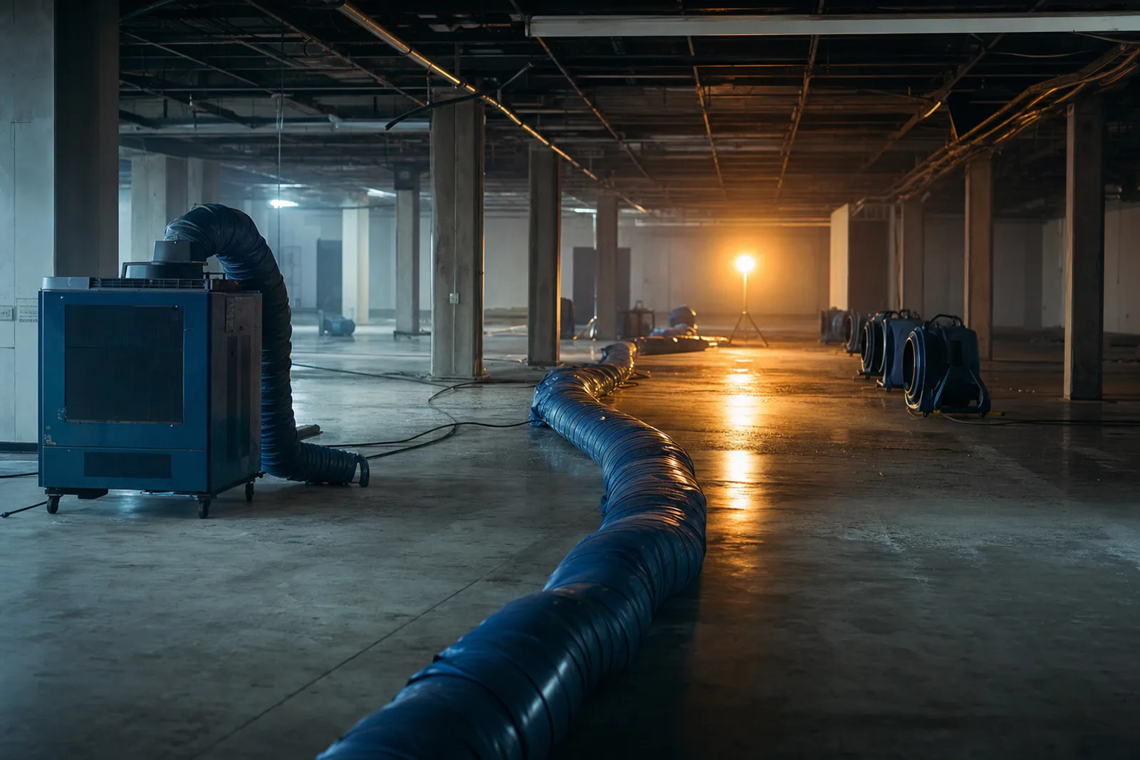 Lay-flat ducting running from an industrial desiccant dehumidifier across the floor of a large empty commercial building at night, with air movers lined up along the wall