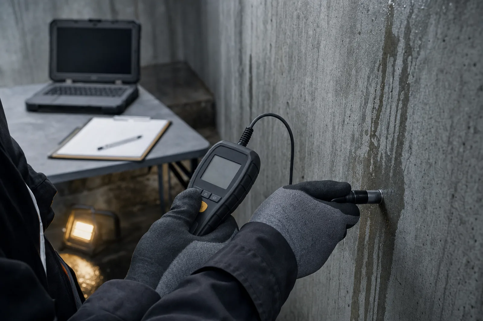 Gloved hands holding a thermo-hygrometer probe against a wet commercial concrete wall, with a clipboard and rugged laptop on a table behind