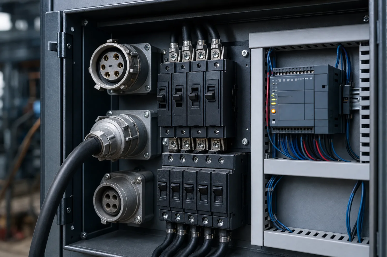 Open custom-built power distribution panel showing breakers, cam-lok connectors, heavy feeder cable and a PLC controller with indicator lamps